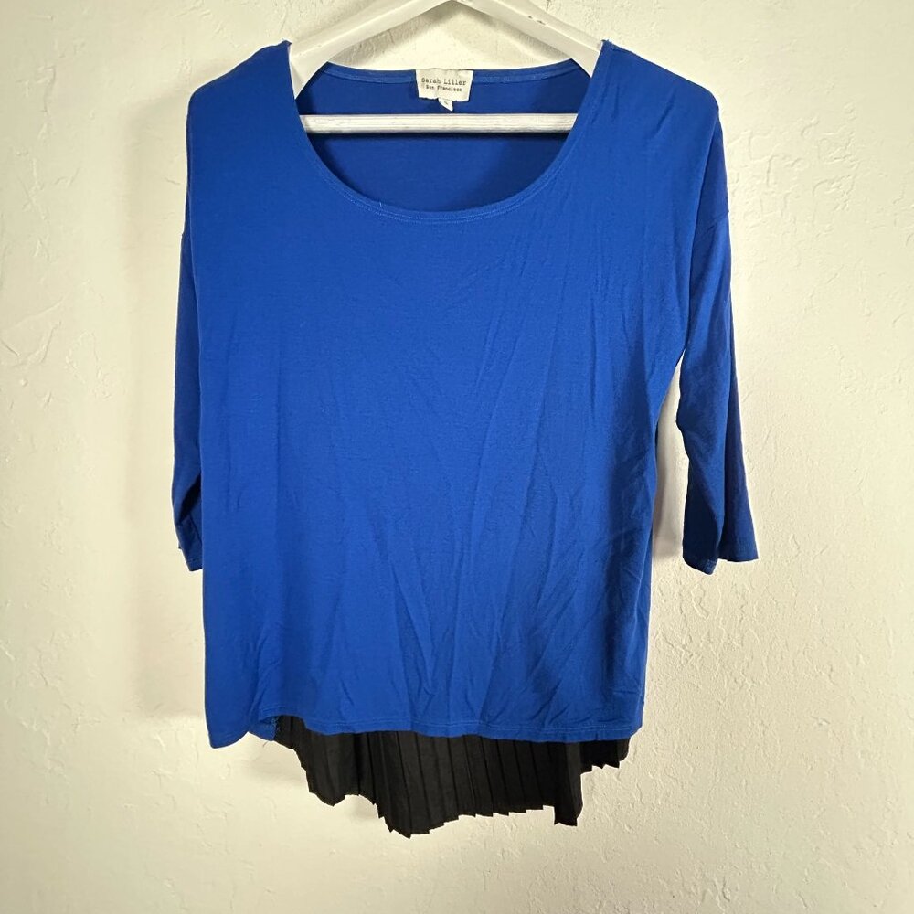Vintage Sarah Liller Womens Scoop Neck 3/4 Sleeve Pleated Back Tunic Small Blue